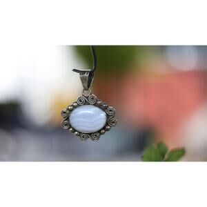 Vintage CII Mexico Sterling Silver Blue Lace Agate Pendant | Boho Statement